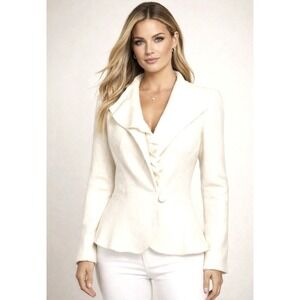 NEW! Boston Proper Blazer Jacket Wool Blend Ruffles Cream Ivory SZ 8